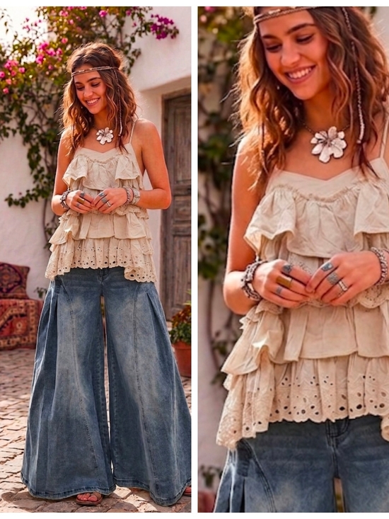 Tops - Boho Ivory Ruffled Eyelet Camisole Top